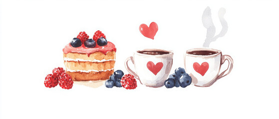 Delightful watercolor illustration of heart themed dessert and drinks