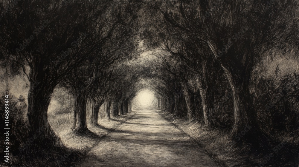 Poster serene treelined pathway inviting exploration through a tranquil shaded corridor illuminated by soft