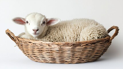 Peaceful Lamb Nestled in Handcrafted Basket on Bright Background