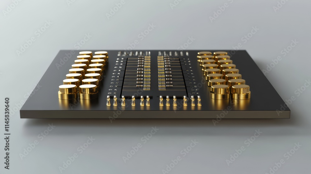 Poster a realistic rendering of a microchip with a focus on the gold-plated connectors and its advanced int