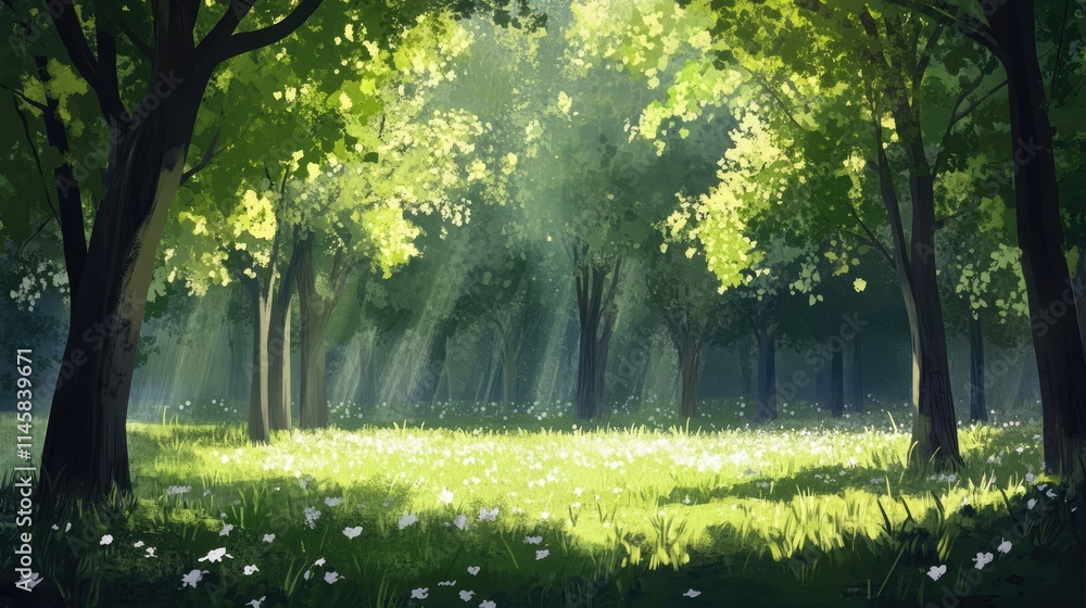 Poster sunlight filtering through lush green trees in a tranquil forest clearing