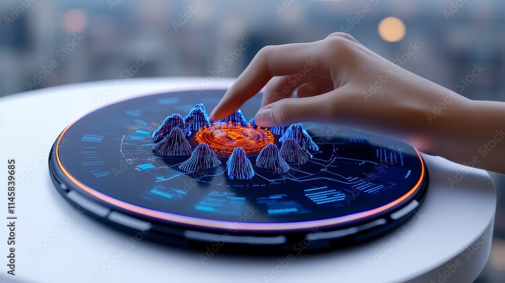 Poster a futuristic interface displays illuminated mountains, with a hand interacting, suggesting advanced 