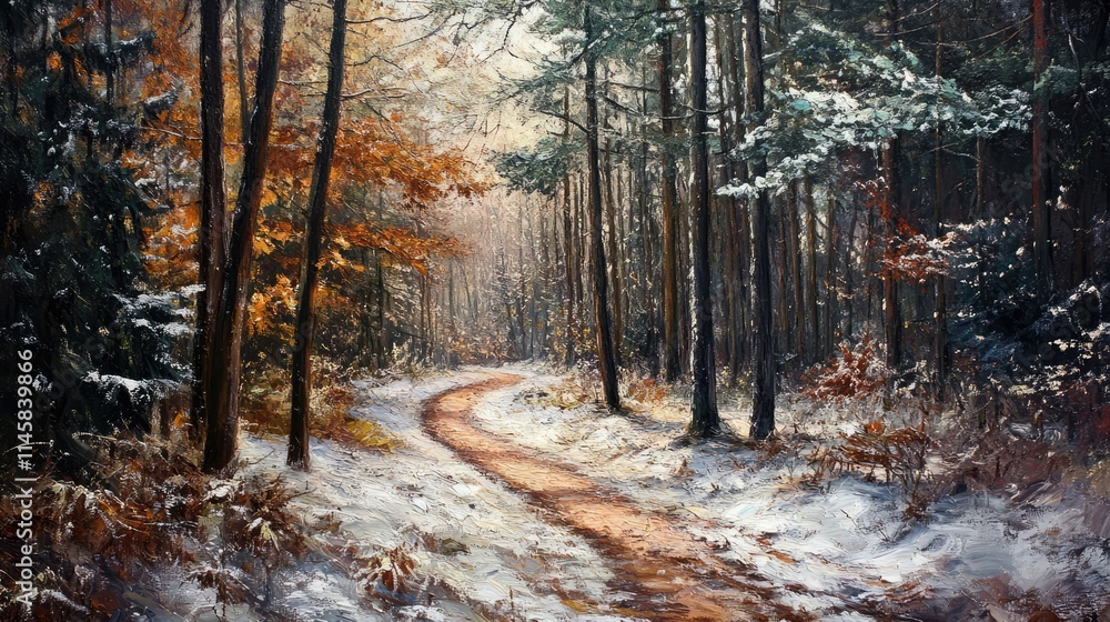 Poster forest trail lined with snow-covered trees and autumn foliage creating a serene winter landscape in 