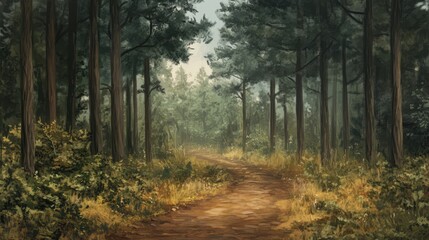 Obraz premium tranquil dirt path winding through a serene forest landscape with tall trees and lush greenery