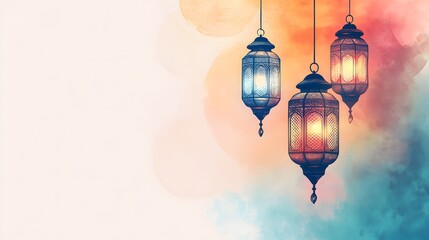 Obraz premium Three Ornate Lanterns Hanging Against A Soft Watercolor Background