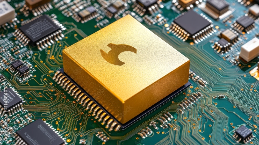 Poster close-up of a golden microprocessor on a circuit board, showcasing intricate electronic components a