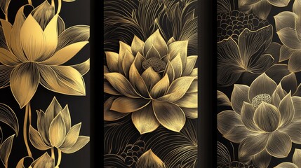 34.A seamless collection of gold lotus line-art patterns with intricate petal designs and flowing lines. Each pattern is crafted for precision laser cutting, suitable for transforming into wall panel