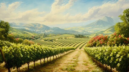 Fototapeta premium Scenic Vineyard Landscape in Rolling Hills Under a Blue Sky with Fluffy Clouds and Lush Green Grapevines in a Serene Valley Setting