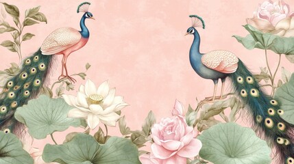 Naklejka premium 81.A seamless vintage-style border illustration featuring a soft pink background with Chinese-inspired lotus blossoms and delicate rose flowers. The border includes elegant peacocks and stylized