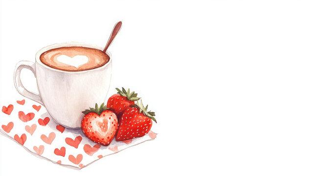 whimsical latte with heart design and fresh strawberries on napkin