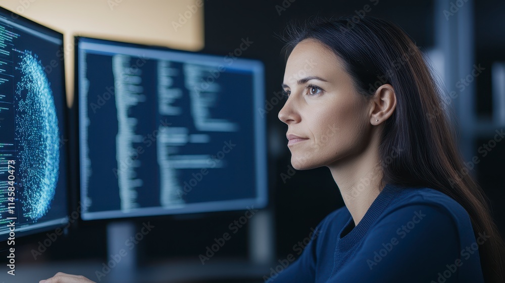 Poster a focused woman analyzes data on multiple computer screens, highlighting her engagement in technolog
