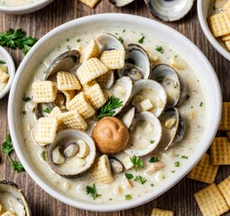 A bowl of clam chowder topped with crackers and garnished with parsley.