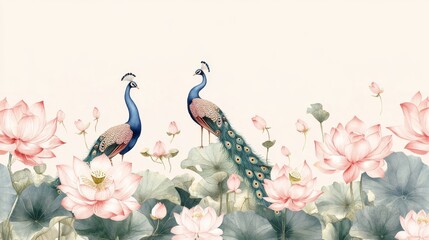 85.A vintage-inspired seamless vector border with pink lotus and rose flowers, elegant peacocks, and flowing green leaves arranged in a continuous, harmonious pattern. The soft tones and intricate