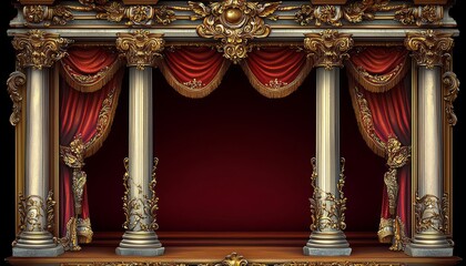 Fototapeta premium Ornate Gold Columns Frame Red Draped Stage