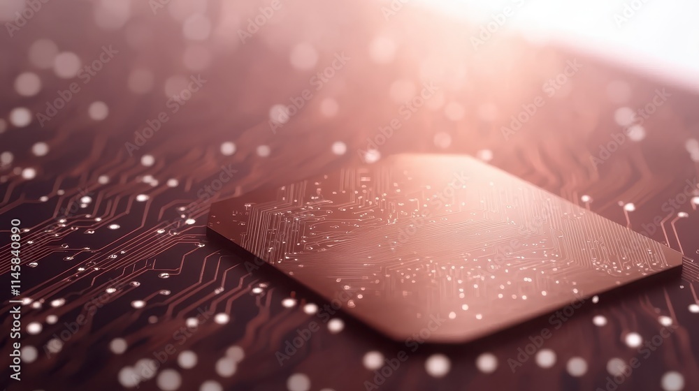Poster a close-up view of a microchip on a circuit board, featuring glowing lines and dots that suggest con