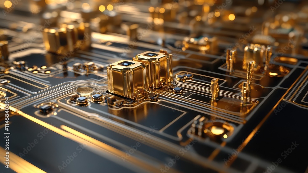Poster a realistic rendering of a microchip with a focus on the gold-plated connectors and its advanced int