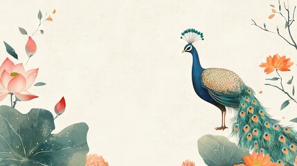 95.A beautifully simple frame with Indian Mughal-inspired elements, featuring a lotus flower, a delicately rendered peacock, and a marigold plant in soft pastels. The design blends traditional Indian