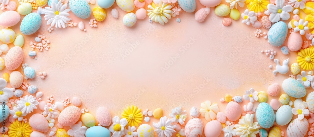 Poster colorful pastel easter candy eggs and flowers in a double border design with space for text from an 