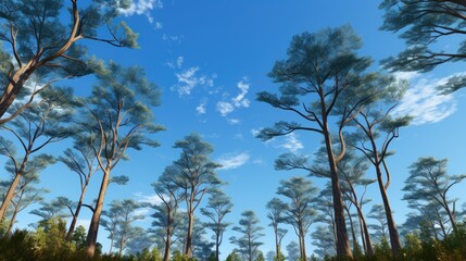Obraz premium Tall trees in a serene woodland landscape under a clear blue sky with soft cloud formations creating a tranquil natural environment