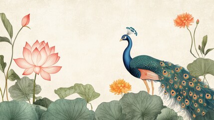 95.A beautifully simple frame with Indian Mughal-inspired elements, featuring a lotus flower, a delicately rendered peacock, and a marigold plant in soft pastels. The design blends traditional Indian