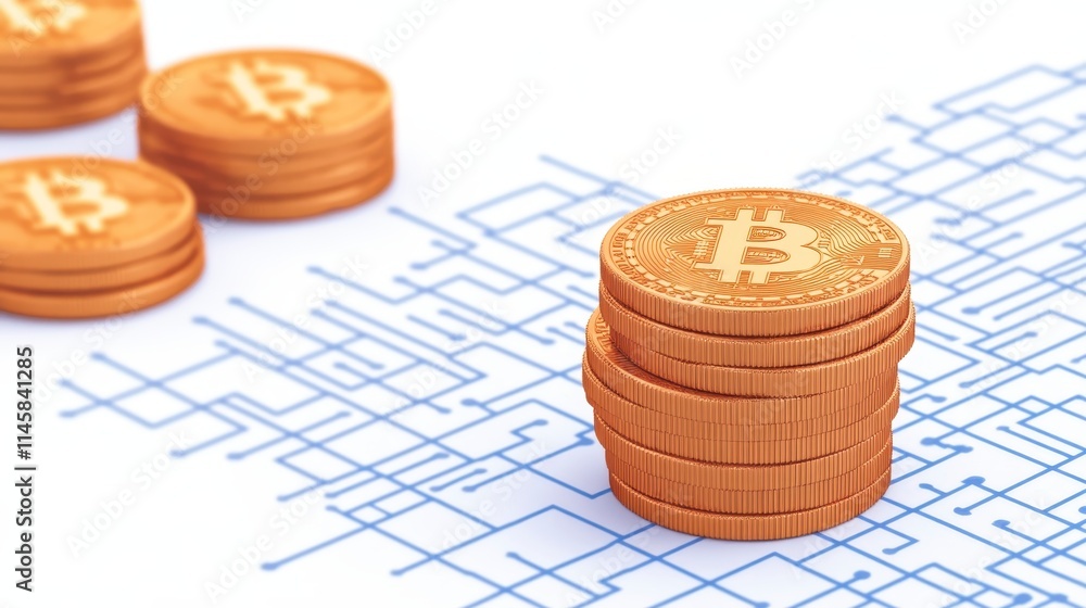 Poster stacked bitcoin coins on a digital network background, symbolizing cryptocurrency and blockchain tec