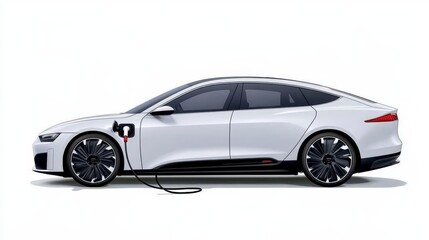 Obraz premium A sleek, white electric car is charging, showcasing modern design and sustainable technology in automotive innovation.