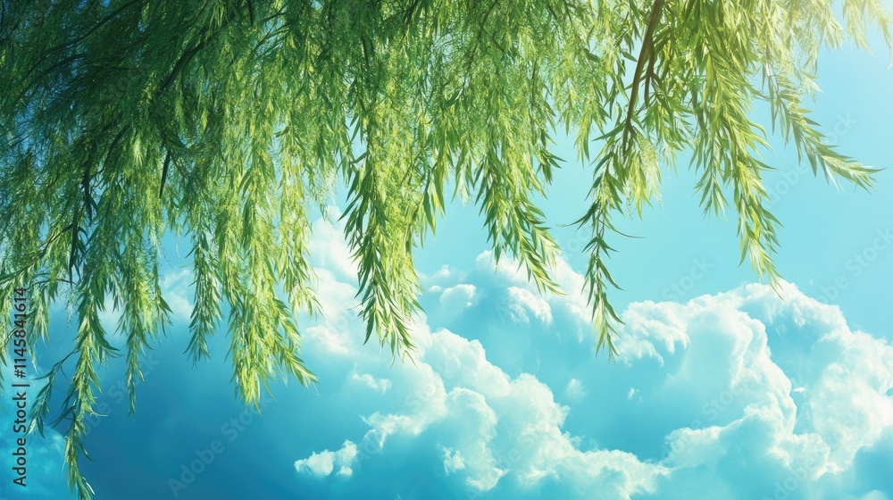 Poster willow tree branches gently sway against a bright sky with fluffy clouds creating a serene natural l