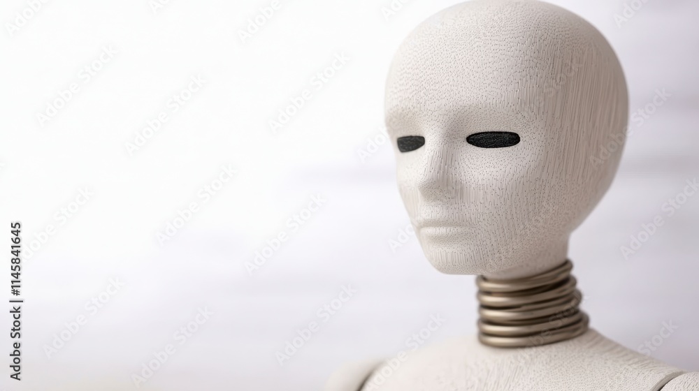 Poster a minimalist mannequin head displaying a neutral expression, featuring a textured surface and a meta