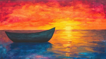 Fototapeta premium Serene boat silhouette against a vibrant sunset over calm waters reflecting warm hues of orange and yellow