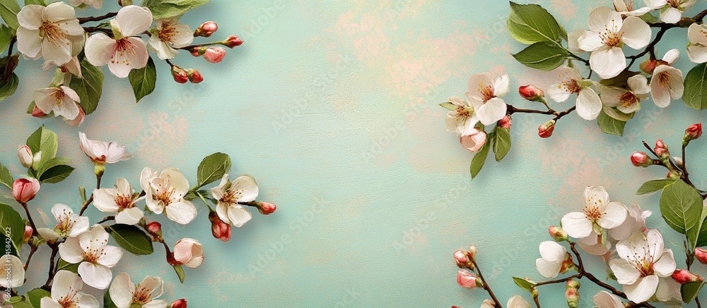 Poster spring floral frame with blossoming tree branches on a soft pastel backdrop, designed with text plac
