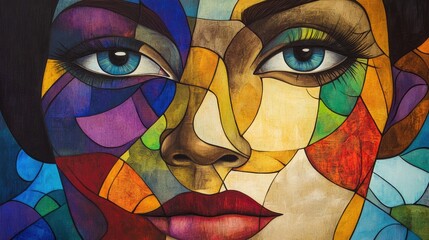 Artistic portrait of a woman with vibrant colors and geometric shapes showcasing beauty and creativity in a contemporary style