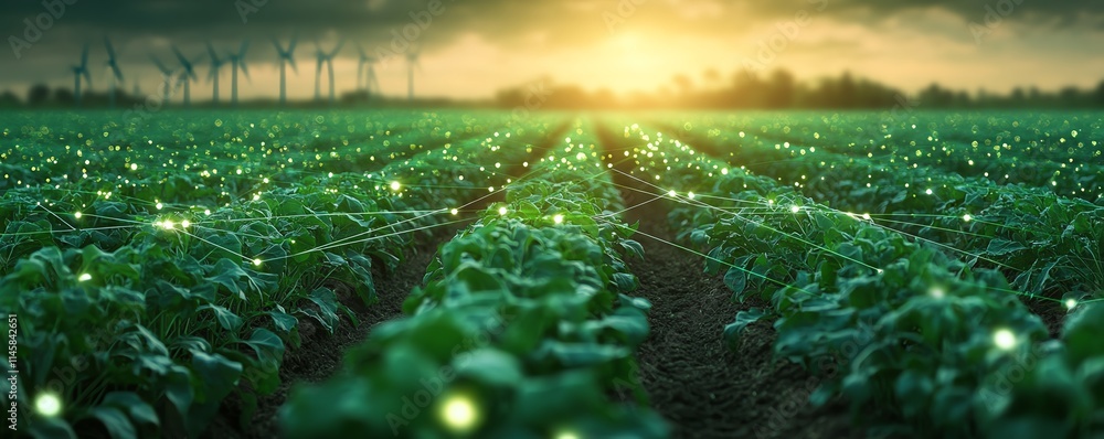 Poster wind turbines and digital technology networks over a lush crop field, representing the future of gre