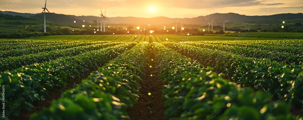 Poster wind turbines and digital technology networks over a lush crop field, representing the future of gre