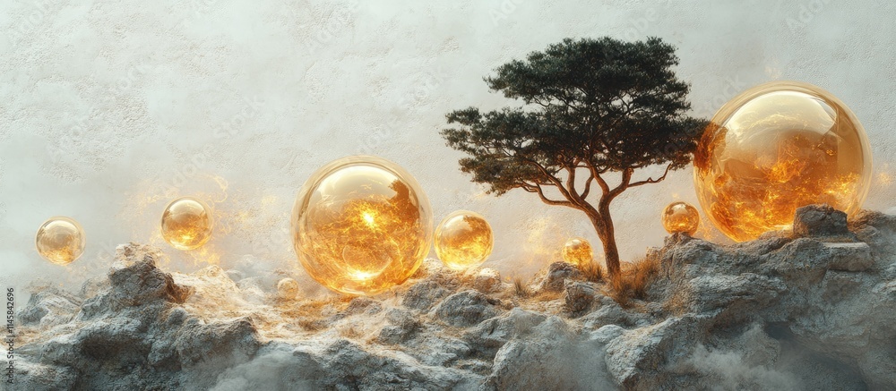 Poster golden spheres surrounding a tree on a rocky landscape with a luminous white background creating a s
