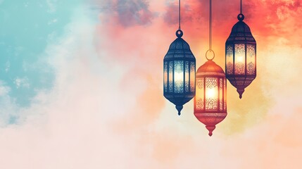 Obraz premium Three ornate lanterns hanging against a colorful sky