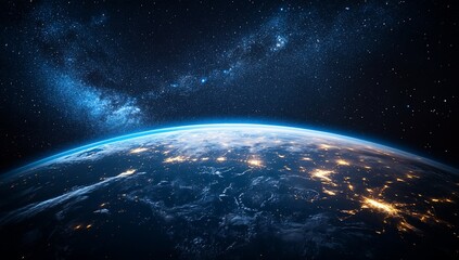 Obraz premium Earth at night from space, showing city lights and the Milky Way.