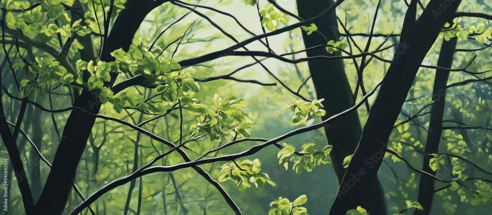 Poster springtime foliage emerging in a serene forest setting with delicate green leaves and intertwining b