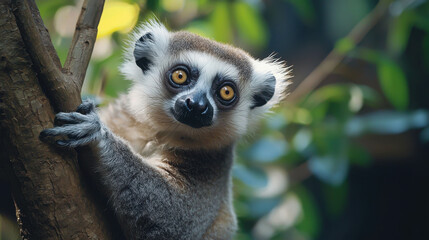 Obraz premium Curious lemur explores tree branch in tropical environment with lush greenery