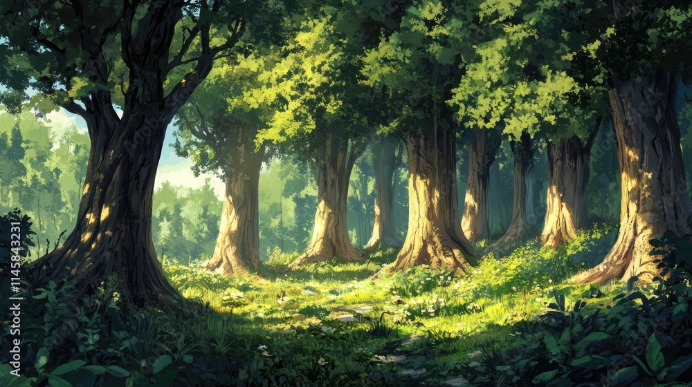 Poster lush forest landscape with majestic trees illuminated by soft sunlight creating a serene and tranqui