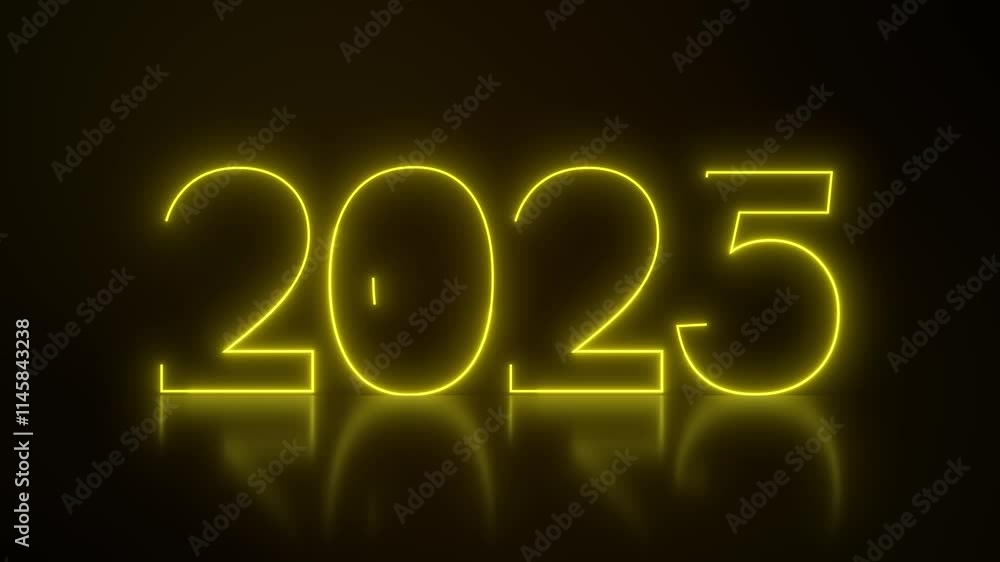 Poster video animation of abstract neon lights with the numbers 2025 in yellow over dark background on a re