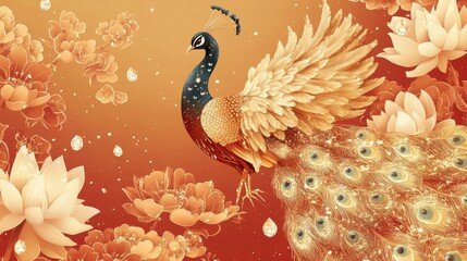Obraz premium 65.A wedding invitation card template adorned with a gold peacock surrounded by lotus flower patterns and sparkling crystal details. The paper-colored background adds a subtle elegance, enhancing the