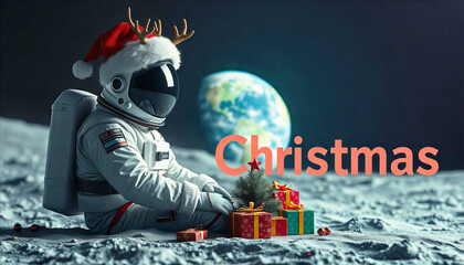 Obraz premium Astronaut wearing a santa hat and large colorful gifts scattered around celebrating Christmas alone on the moon