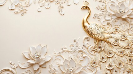 75.A wedding invitation template showcasing a gold peacock motif with delicate lotus patterns and crystal details on a light, paper-colored background. The luxurious elements and intricate design