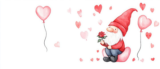 Whimsical gnome holding rose surrounded by heart balloons for Valentine Day