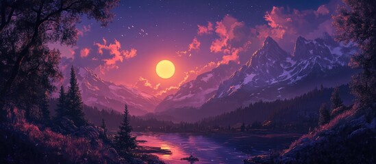 Majestic sunset over a tranquil lake with mountains creating a serene summer evening landscape atmosphere