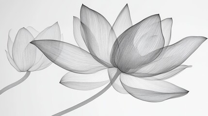 40.A black-and-white abstract line illustration of a lotus flower, with intricate petal shapes and a balanced composition. The fine lines and soft curves create a serene, natural look, ideal for