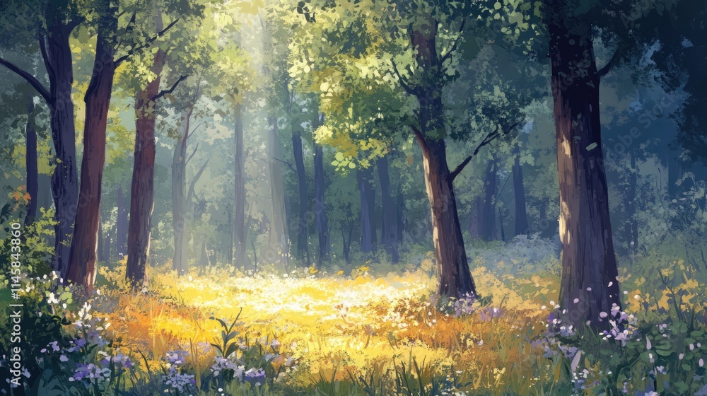 Aufkleber lush green forest with sunlight filtering through trees creating a serene spring atmosphere filled w