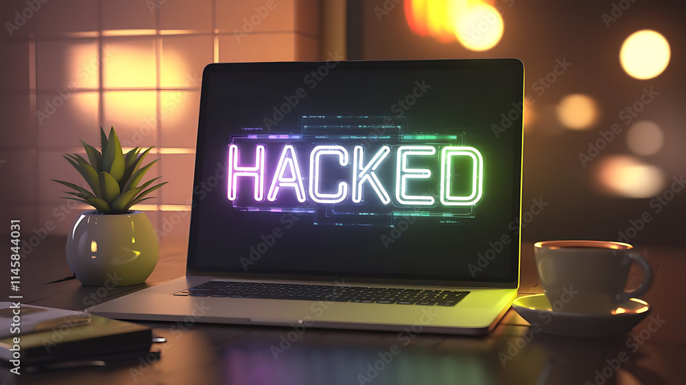 Poster cybersecurity hack, cyber attack warning with digital breach notification, laptop with hacking messa