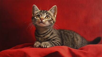 Striped kitten looking curiously at the viewer on a vibrant red background showcasing its playful personality and adorable features