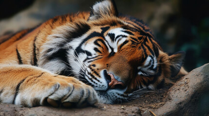 Fototapeta premium Majestic Bengal Tiger in Peaceful Sleep Amidst Natural Habitat Elements
